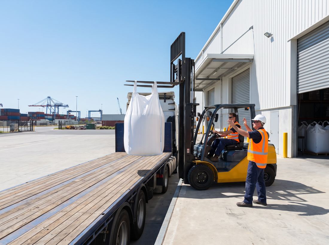 Big bags being loaded onto a truck at a warehouse loading bay